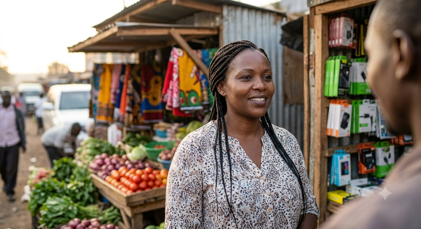 A Kenyan businesswoman smiling in front of her market stall