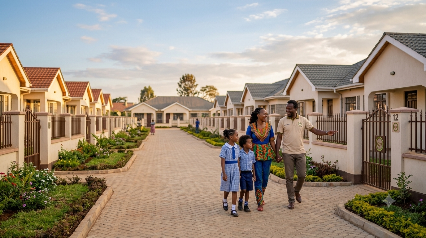 A family walking through the Uaminifu Housing estate toward their gate