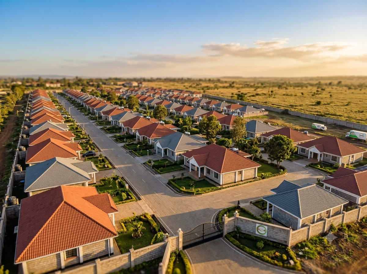 Aerial view of the Uaminifu flagship housing estate at golden hour