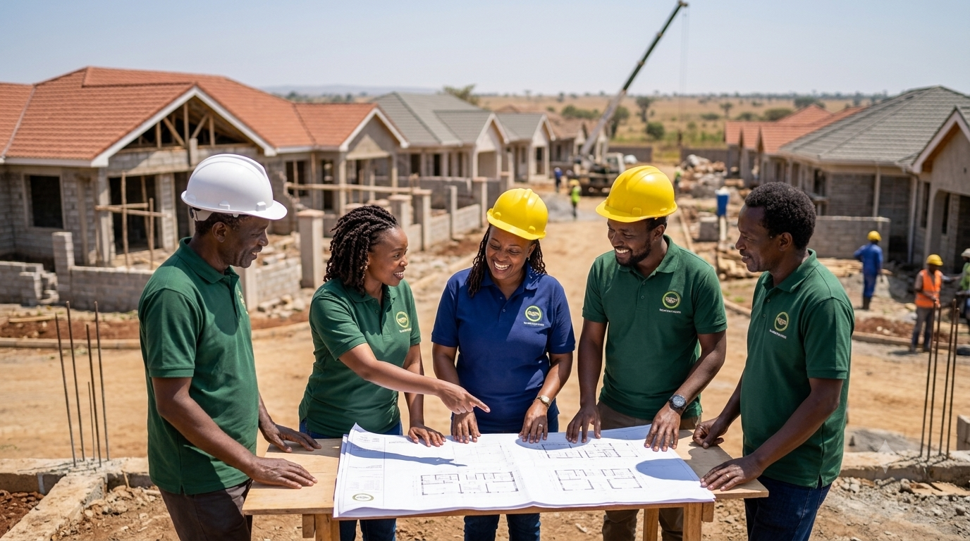 Uaminifu SACCO staff reviewing building plans on a housing project site visit