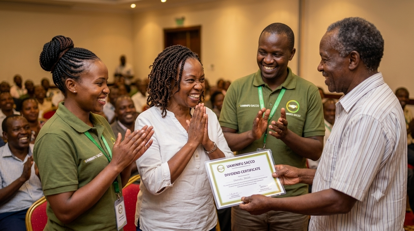 A member receiving a Uaminifu SACCO dividend certificate to applause