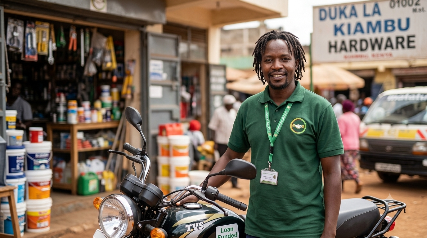 Member's loan-funded motorbike outside a hardware shop
